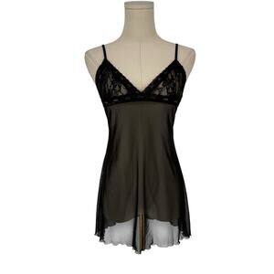 Fredericks of Hollywood Vintage Babydoll Camisole Sheer Lace Trim Slip Black Y2K